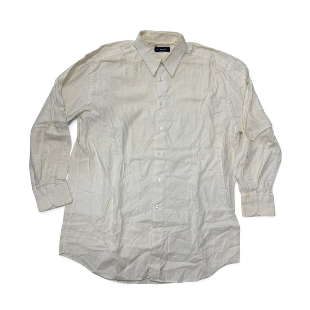 Canali Long Sleeve Button Up Dress Shirt Mens 16.5 42 Cream Made in Italy